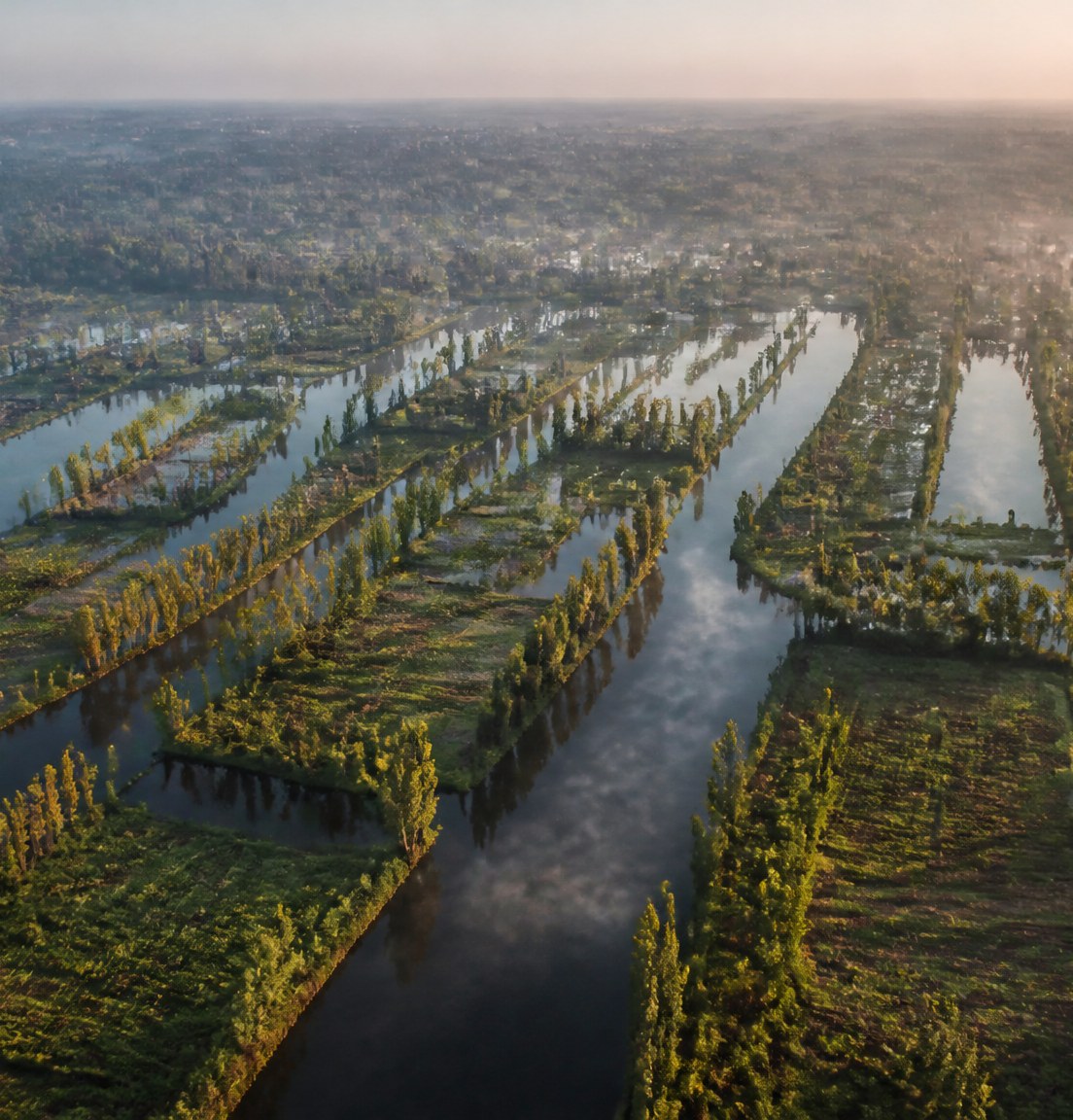 Vista aérea de chinampas y canales al amanecer